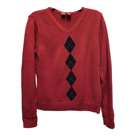 Merona Red V-Neck Sweater with Black Argyle Pattern - Size L - Picture 1 of 4